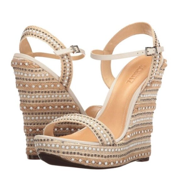 SCHUTZ Carminda Beige Espadrille Embellished Wedge Sandals Shoes Womens Size 10B - Picture 2 of 14